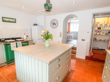 A kitchen with an island and a vase of flowers on it next to a green stove and white fridge in Southrepps Lodge Southrepps