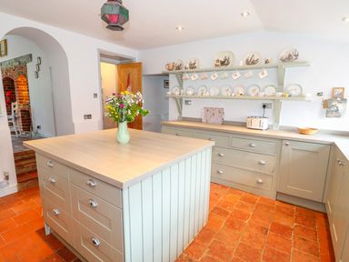 A kitchen with a central island, open shelving with decorative plates and mugs, and a vase with flowers on the island at Southrepps Lodge in Southrepps