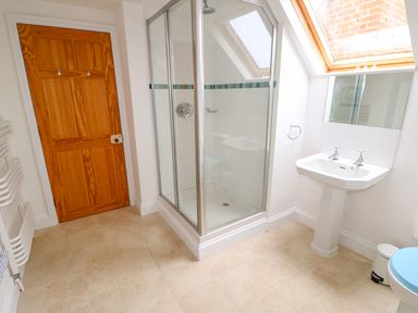 A bathroom with a wooden door a glass shower enclosure a white pedestal sink with dual taps a mirror a skylight window and a white radiator