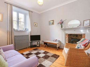 A living room with a window, radiator, television on a stand, coffee table, sofa, wicker chair, fireplace with a mirror and flowers at Southrepps Lodge in Southrepps