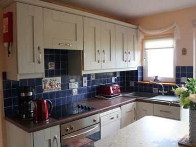 A kitchen with white cabinets blue tiled backsplash red appliances coffee maker kettle and toaster a window above the sink and flowers on a counter at Ellens Cottage Mount Charles County Donegal