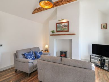 A living room with two gray sofas a small fireplace and a TV on a stand at Macreddin Rock Holiday Cottage Macreddin Aughrim County Wicklow