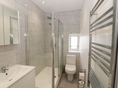 A bathroom with a shower enclosure a toilet a sink a wall-mounted towel radiator and a small window at Plas Marchog Annexe in Rhoscefnhir near Pentraeth
