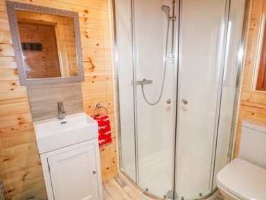 A bathroom with a shower enclosure sink with cabinet mirror and toilet at Alken Cabin in Bushmills County Antrim