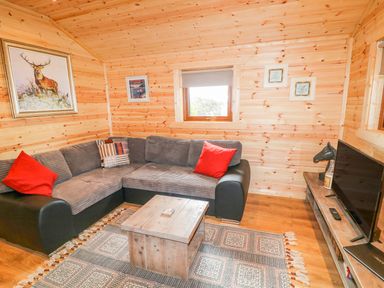 A living room with a sectional sofa a wooden coffee table a rug and a television at Alken Cabin in Bushmills County Antrim