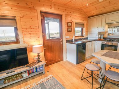 A wooden cabin interior with a kitchen area a dining table with stools a television on a stand and a door leading outside at Alken Cabin in Bushmills County Antrim