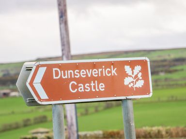 Brown directional road sign for Dunseverick Castle with countryside in the background