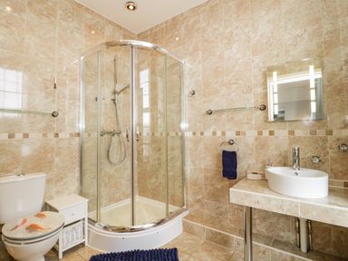 A bathroom with a shower enclosure toilet sink and mirror at Penholm in Penmaenmawr