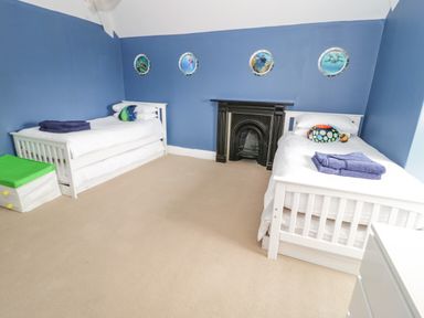 A bedroom with two single beds blue walls a black fireplace and aquatic themed wall decorations at Penholm in Penmaenmawr