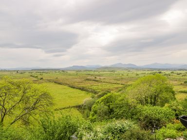A wide view of green fields with trees in the foreground and mountains in the background at Llety Perygl in Harlech