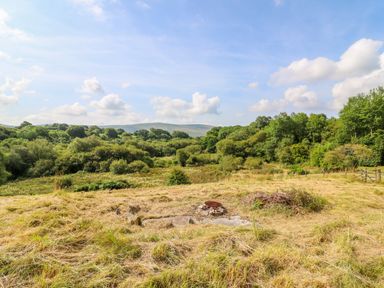 An open field with dry grass and a small fire pit surrounded by trees and hills in the background at Plasybangor Newport Pembrokeshire