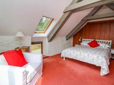 A bedroom with a bed with floral bedding and red pillows a white armchair with a red pillow a wooden side table with a lamp and a skylight window at Plasybangor in Newport Pembrokeshire