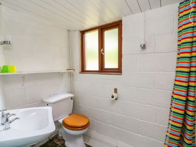 A bathroom with a sink toilet a window and a colorful shower curtain at Plasybangor in Newport Pembrokeshire