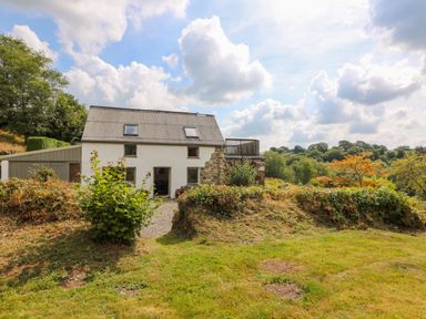 A white house with a grey roof and skylights surrounded by grass and bushes at Plasybangor in Newport Pembrokeshire