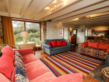 A living room with sofas and a striped rug near a window at Plasybangor in Newport Pembrokeshire