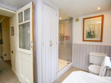 A bathroom with a shower, toilet, and framed artwork at Murton Cottage in Burford