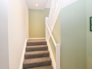A carpeted staircase with white railing and green walls at The Forge in Shipham