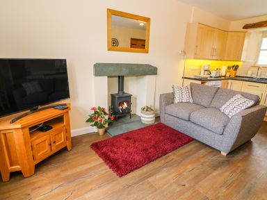 A living room with a gray sofa a red rug a wood burning stove a television on a wooden stand and a kitchen area at Tilberthwaite Farm Cottage in Coniston