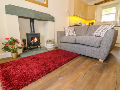 A living room with a wood burning stove sofa red rug and part of a kitchen visible at Tilberthwaite Farm Cottage in Coniston