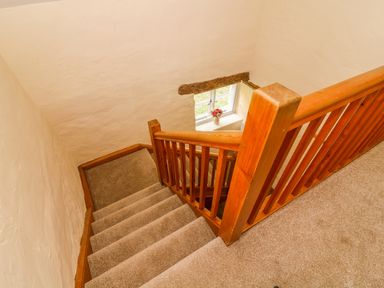 A carpeted staircase with wooden railing next to a window with flowers on the sill at Tilberthwaite Farm Cottage in Coniston