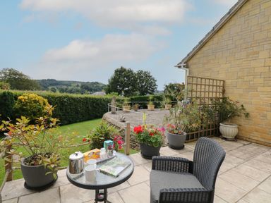 A patio with a glass table and a chair surrounded by potted plants and garden with hedges and hills in the background at Cuckoo Cottage in Bridport