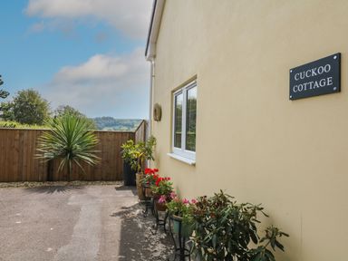 The exterior side of a yellow cottage with potted plants along the wall and a wooden fence in the background at Cuckoo Cottage in Bridport