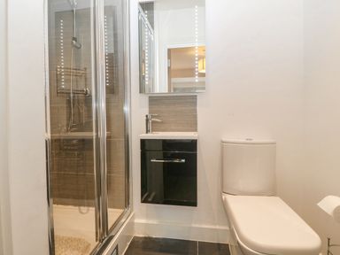 A bathroom with a shower enclosure a sink with a cabinet and a toilet at Cysgod Y Capel in Benllech
