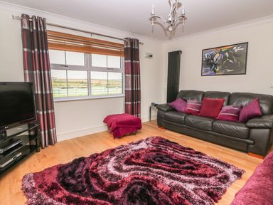 A living room with a black leather sofa red and purple cushions a patterned rug a window with curtains and blinds and a television at Cadwgan in Aberporth