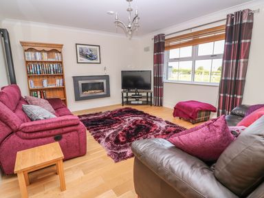 A living room with pink sofas a wooden bookshelf a flat screen tv and a window with striped curtains at Cadwgan in Aberporth