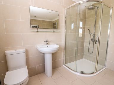 A bathroom with a toilet sink mirror and glass shower enclosure at Cadwgan in Aberporth