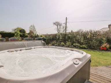An outdoor hot tub in a garden with grass hedges and trees at Cadwgan in Aberporth