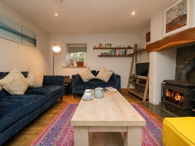 A living room with blue sofas a wooden coffee table a fireplace and bookshelves at Swallows Nest in Morvah