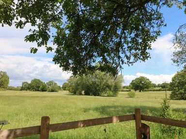 A grassy field with trees and a wooden fence at The Hen House in Stockwell Heath near Rugeley