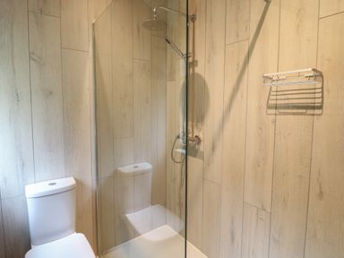 A bathroom with a toilet and a glass shower enclosure with a wall-mounted showerhead at The Hen House in Stockwell Heath near Rugeley