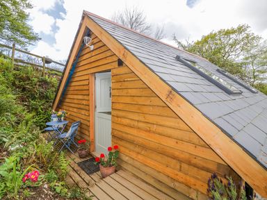 A wooden cabin with a small blue table and chairs outside surrounded by plants at Orchard Loft in Brownston near Modbury