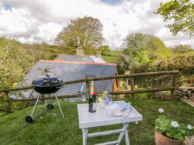 A garden with a barbecue grill and a white table holding a bottle of champagne two glasses flowers and a magazine at Orchard Loft in Brownston near Modbury