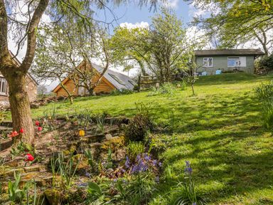 A garden with flowers trees and two cottages on a grassy slope at Orchard Loft Brownston near Modbury