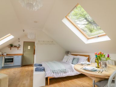 A loft bedroom with a bed dining table and kitchen area under skylights at Orchard Loft in Brownston near Modbury