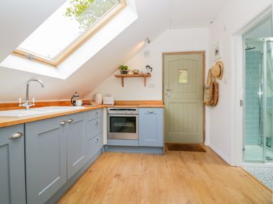 A kitchen with blue cabinets wooden countertops a skylight and a door at Orchard Loft in Brownston near Modbury
