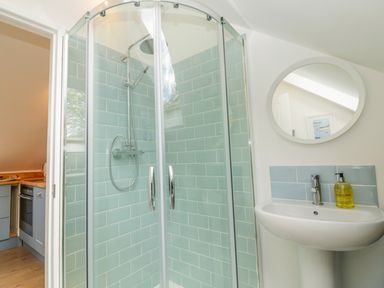 A bathroom with a glass shower enclosure and a white pedestal sink with a round mirror above at Orchard Loft Brownston near Modbury