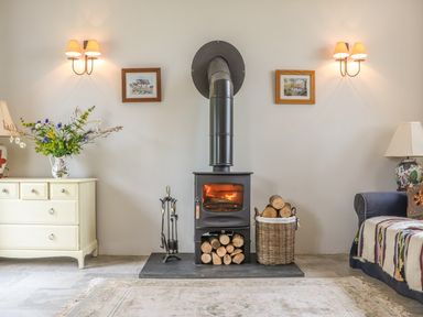 A room with a wood stove fire, a basket of logs, a white dresser with flowers, and a blue sofa with a blanket at The Old Laundry in North Tawton