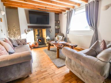 A living room with a fireplace and sofa at Woodland Cottage in Garth