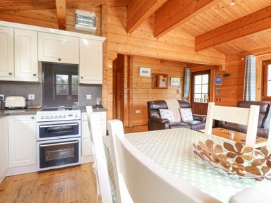 A wooden interior kitchen and living area with white cabinets brown leather sofas and a dining table at Heron Lodge in Badwell Ash