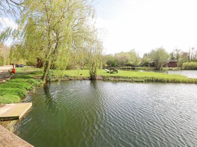 A pond with grassy banks and trees with wooden cabins and picnic tables in the background at Heron Lodge in Badwell Ash