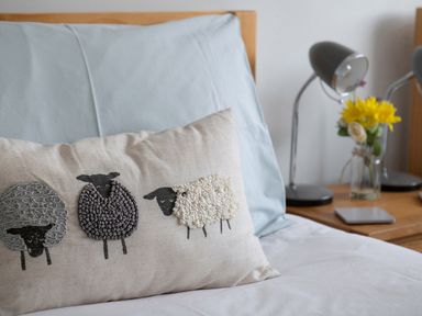 A bed with a pillow featuring sheep designs and a bedside table with a lamp and flowers at Heddfan in Conwy