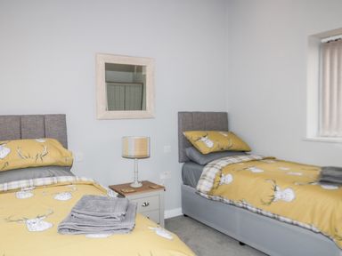 A bedroom with two single beds yellow bedding with deer prints a bedside table lamp and a wall mirror at Owl View in Lebberston near Cayton