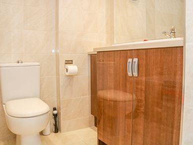 A bathroom with a toilet and a wooden cabinet with a sink at Harbour View Mudeford in Christchurch