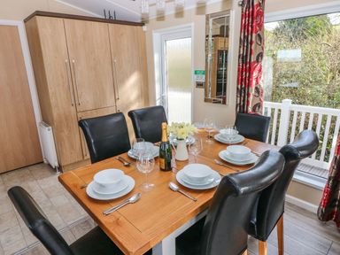 A dining area with a wooden table set with plates glasses and cutlery six black chairs and a vase with flowers at Mountain View Lodge Tavernspite near Narberth