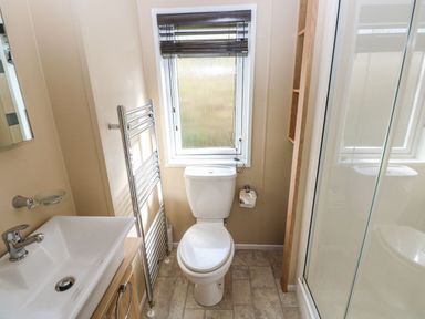 A bathroom with a toilet sink towel heater window and shower at Mountain View Lodge Tavernspite near Narberth