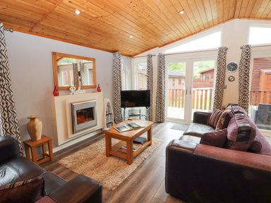 A living room with sofas coffee table fireplace and television at Fell View Lodge in Troutbeck